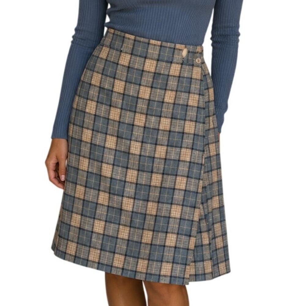 Talbots Irish Linen Wrap Skirt Womens Size 10 Blue Plaid Career Light Academia